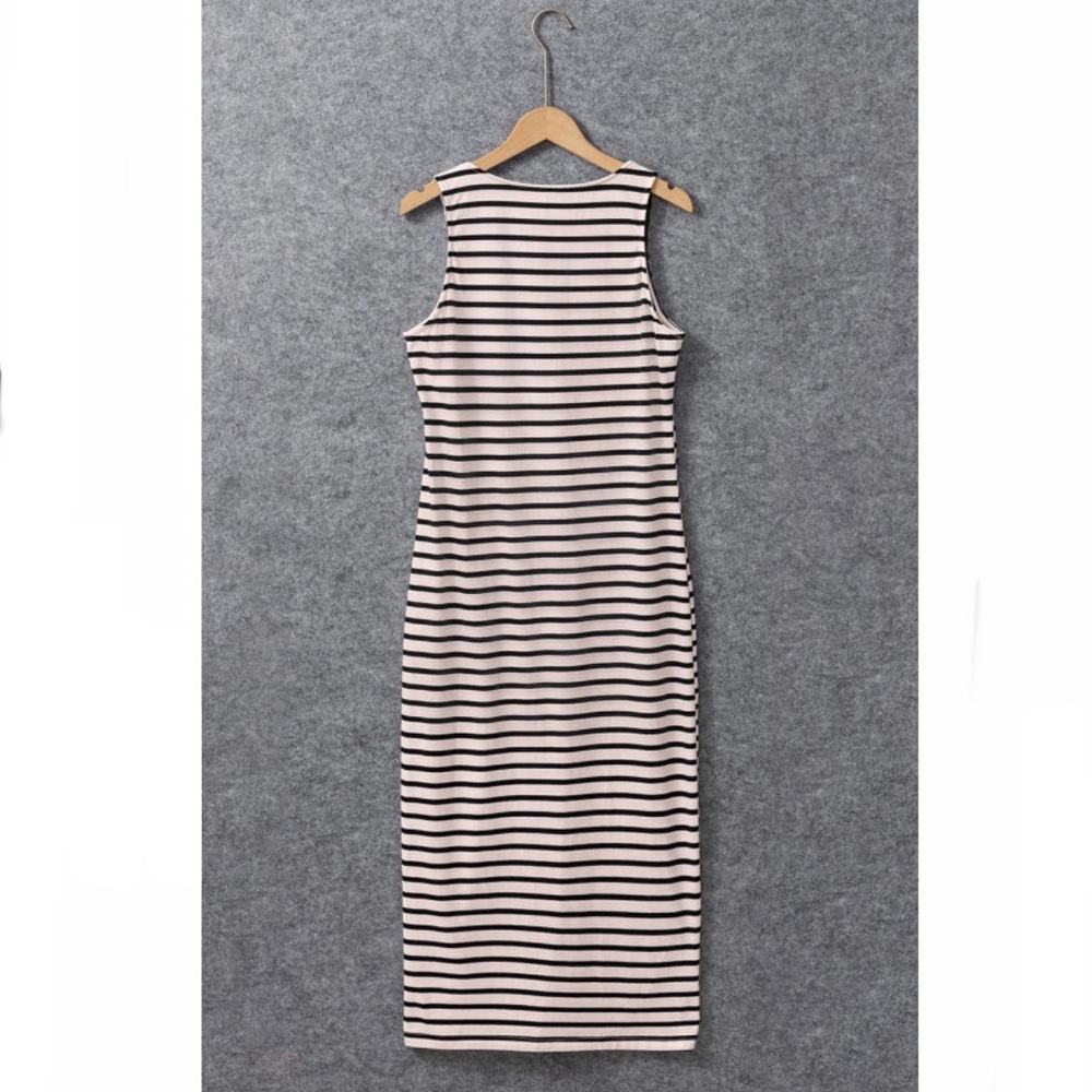 White Striped Print Sleeveless Buttoned Maxi Dress - Picture 9 of 14